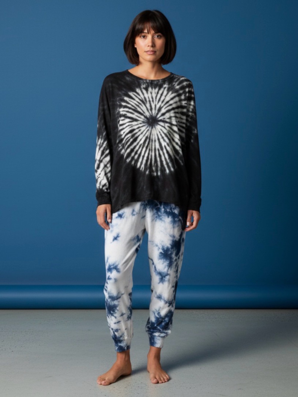 Ensemble: Top & Bottoms. T PARTY Brand Xtra Soft Black/White/Blue Tie Dye Sweats